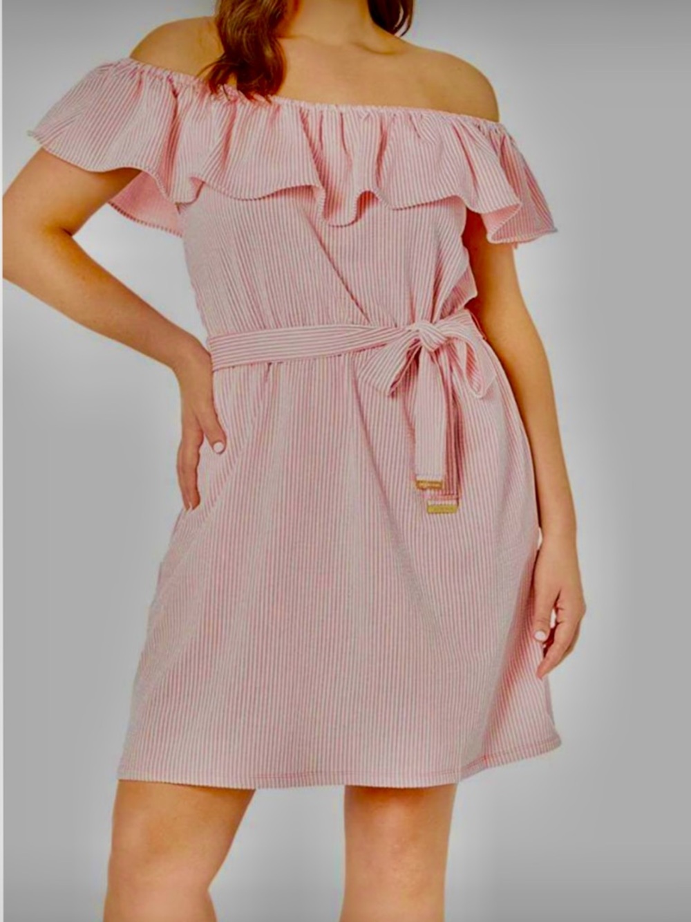 MICHAEL Michael Kors Stripes Ruffled Off the Shoulder Tie Waist Dress Large